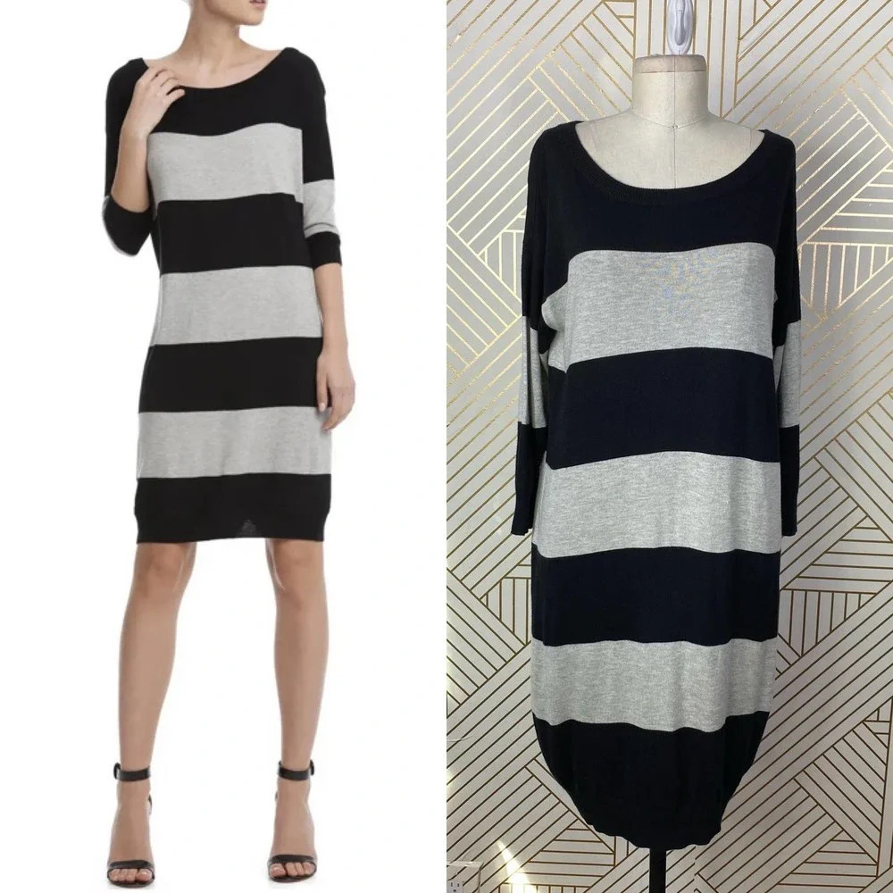 ATM Anthony Thomas Melillo Rugby Stripe Sweater Dress in Black & Gray Size US S‎